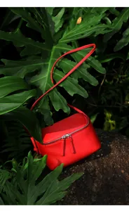 Détail macro du sac vanity en cuir grainé rouge sur un fond de roche naturelle