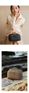Detail of premium lychee grain leather travel cosmetic bags with reinforced handles