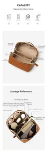 Detailed interior of a brown leather cosmetic bag with multi-functional storage pockets
