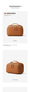 Close-up of brown litchi grain leather toiletry bag with durable double zipper detail