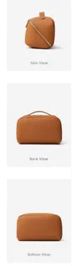 Detailed views of brown leather makeup bag showing side, back and bottom angles