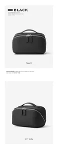 Detailed views of a black litchi grain leather cosmetic bag with dual zippers