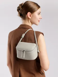 Petit sac à bandoulière minimaliste en cuir véritable gris clair avec double zip