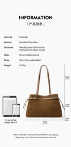 Size comparison of a brown suede leather tote bag next to a tablet showing dimensions