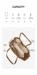 Internal layout of brown suede tote bag showing large capacity and multiple pockets