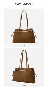Front and side view of brown matte suede tote bag with elegant metallic buckle detail