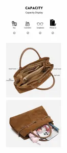 Detailed view of the brown leather tote bag interior compartments and storage capacity