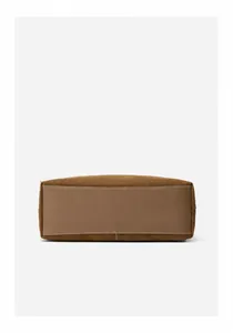 Detailed bottom view of brown suede tote bag with reinforced smooth leather and stitching