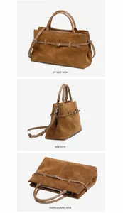 Macro details of dark brown suede tote bag showing 45-degree side and top views