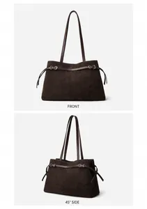 Detailed views of a coffee brown suede tote bag showing front and 45-degree side angles