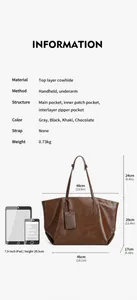 Brown leather tote bag size specifications with iPad reference and dimensions