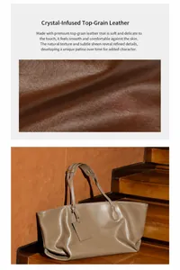 Close-up of premium vegetable tanned leather texture on large capacity tote bag