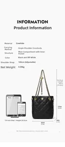 Detailed size chart for black quilted leather crossbody bag with dimensions and specs