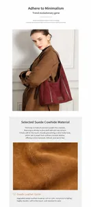 Détail de la texture en cuir suédé bordeaux et sac cabas vintage porté par un mannequin
