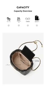 Interior view showing the large capacity and pockets of the black quilted chain bucket bag