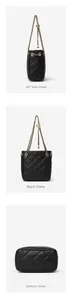 Detailed views of the black quilted bucket bag showing side, back and bottom textures