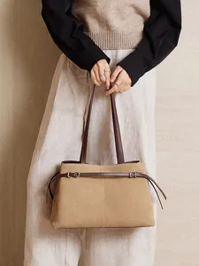 Retro khaki suede large tote bag with brown leather straps and silver buckle detail