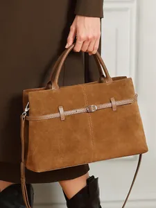 Brown matte suede tote bag with large capacity and adjustable strap for urban style