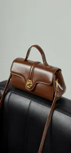 Detail of brown leather bag showing premium stitching and a gold metallic rotary lock