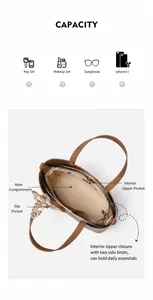 Vista superior del interior del bolso tote de cuero marrón con compartimentos