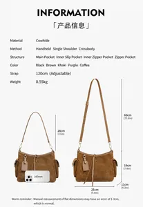 Tabella taglie dettagliata della borsa in pelle marrone con misure e scala cellulare