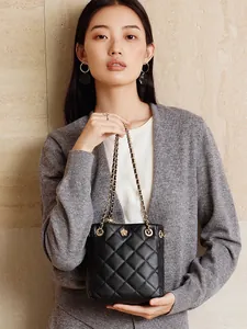 Women's Genuine Split Cowhide Leather Quilted Bucket Bag With Metal Chain Strap Fashion Flower Logo Crossbody Shoulder Bag
