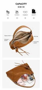 Detailansicht der braunen Wildledertasche mit Innenfächern und Kapazitätsdarstellung