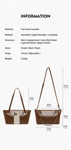 Size chart showing top layer cowhide bag dimensions and multi-layer internal structure