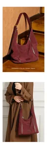 Vue détaillée du grand sac cabas en cuir bordeaux avec mise en scène et modèle