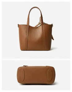 Vistas detalladas del bolso tote de cuero marrón con perfil lateral y base estructural