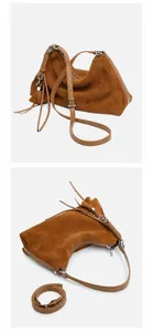 Detailansicht der braunen matten Hobo-Tasche aus Leder mit Seiten- und Draufsicht