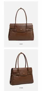 Dettaglio borsa tote in pelle marrone con vista frontale e laterale e fibbie metalliche