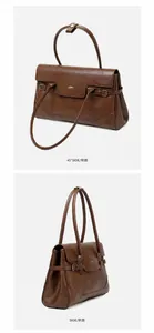 Viste dettagliate a 45 gradi e laterali di una borsa tote vintage in pelle marrone e oro