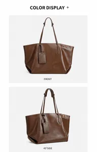 Front and side view of premium brown vegetable tanned leather tote bag for women