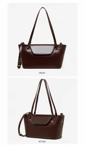Detailed views of the coffee brown leather shoulder bag with metallic rivet accents