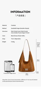 Détails du grand sac cabas en cuir nubuck avec poches intérieures et dimensions du sac