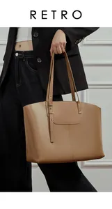 Detail of a retro brown leather tote bag with fine stitching shown in a commute style