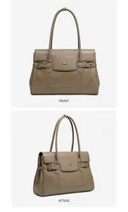 Vista frontale e laterale a 45 gradi di una borsa tote in pelle tortora con grana fine