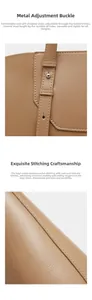 Detail of adjustable metal buckle and precision stitching on brown leather tote bag