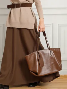 Women's Large Capacity Genuine Leather Tote Bag First Layer Vegetable Tanned Cowhide Minimalist Shoulder Handbag For Work Daily