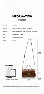 Detail of a brown leather shoulder bag with a gold flower buckle and size comparison