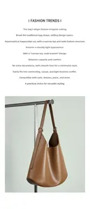 Detail of brown leather hobo bag with asymmetric cut and adjustable strap on display