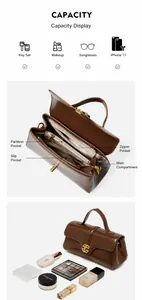 Detailed view of the leather handbag interior compartments and capacity for essentials