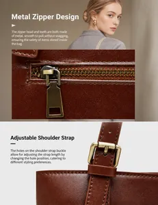 Detail of vintage bronze hardware and adjustable strap on brown leather tote bag