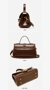 Three-view layout showing side, back, and bottom of a vintage brown leather handbag