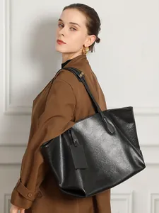 Black genuine leather tote bag large shoulder bag with pendant for women work