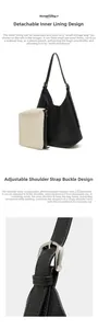 Detail of detachable canvas inner pouch and adjustable metal buckle on black shoulder bag