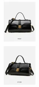 Front and side views of a black leather handbag with a gold-tone clasp and top handle