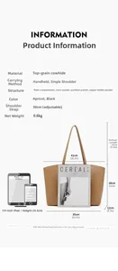 Detailed dimension guide for beige genuine leather tote bag with internal storage compartments