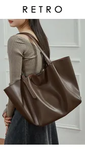 Retro large capacity dark brown leather tote bag with long straps for casual commute style